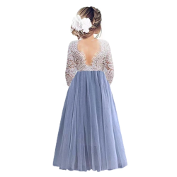 Blondekjole med chiffonsk�rt og lange �rmer dusty blue