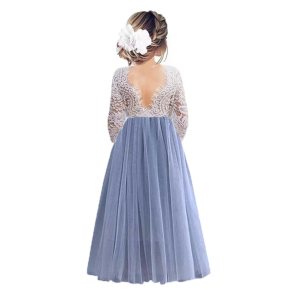 Blondekjole med chiffonskrt og lange rmer dusty blue