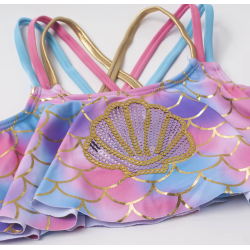 Bikini med pailletmusling og guldprint
