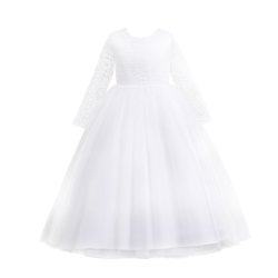 Blondekjole med chiffonsk�rt og lange �rmer salvie