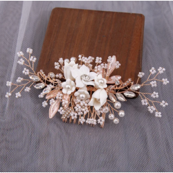 H�rkam med porcel�nsblomster og krystaller Rosaguld