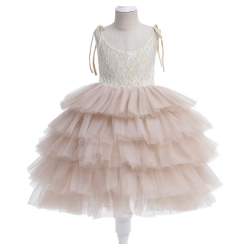 Lang kjole med bindeb�nd og bl�dt tylsk�rt creme/beige  