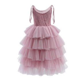 Lang kjole med bindebnd og bldt tylskrt gammelrosa 