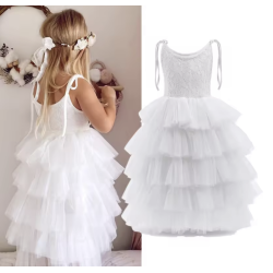 Lang kjole med bindeb�nd og bl�dt tylsk�rt hvid 