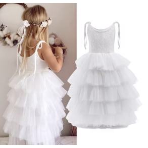 Lang kjole med bindebnd og bldt tylskrt hvid 