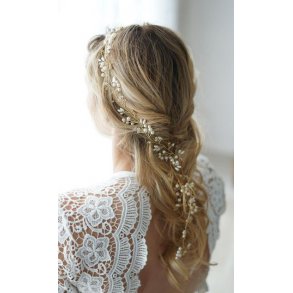 Perle/Krystalbnd til langt hr guld EKSTRA LANGT